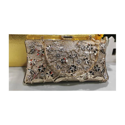 Crystal Clutch Purse With Flowered Petals - Gold