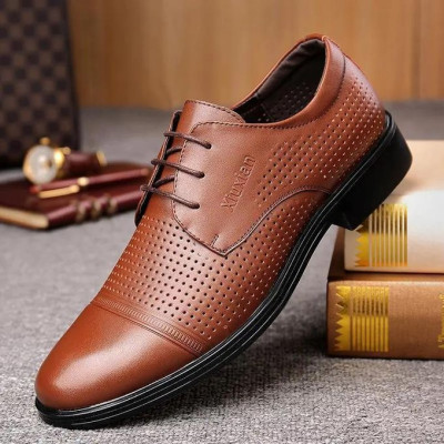 Hollow Breathable Business Leather Shoes-866 Brown Hollow